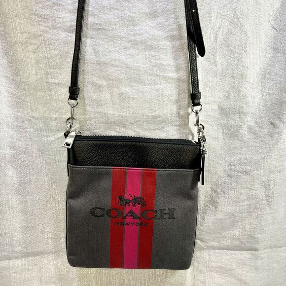 COACH Horse and Carriage Messenger Kitt Crossbody Gray w/PINK center stripes - Picture 1 of 14